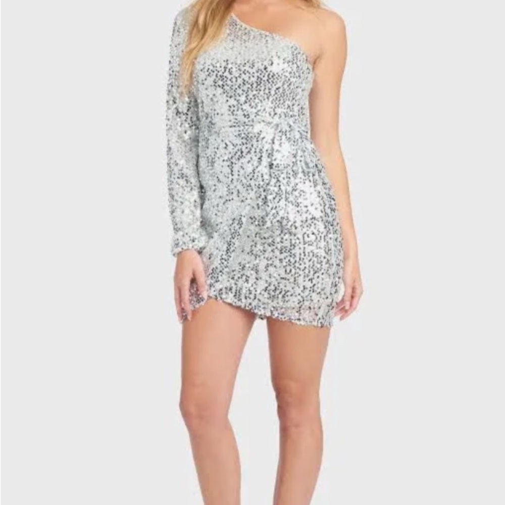Bebe Silver Asymmetrical Sequin Bodycon Dress‎